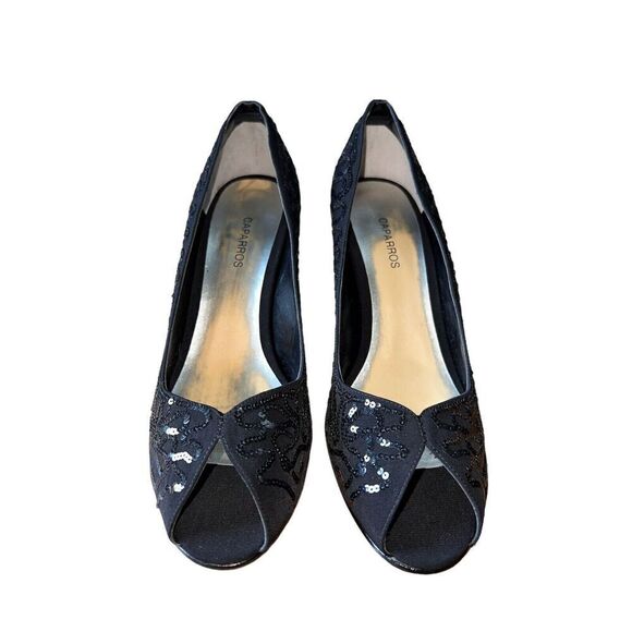 Caparros Nature Black Beaded Peau Peep Toe Heel Size Womens Size 10 GREAT CONDIT - Picture 4 of 13